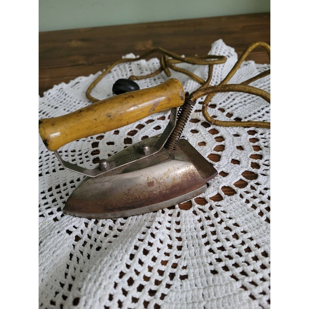 Vintage GOLD SEAL Small Electric "Utility Iron" W/Cord Wood Handle-Untested
